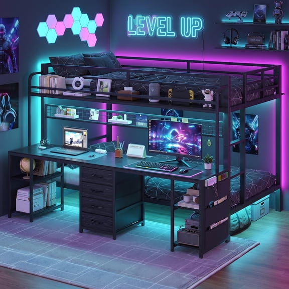 Afuhokles Bunk Bed Twin Over Twin with Desk, LED Lights, 4 Drawers, Storage Rack, 4 Shelves and Power Outles, Black