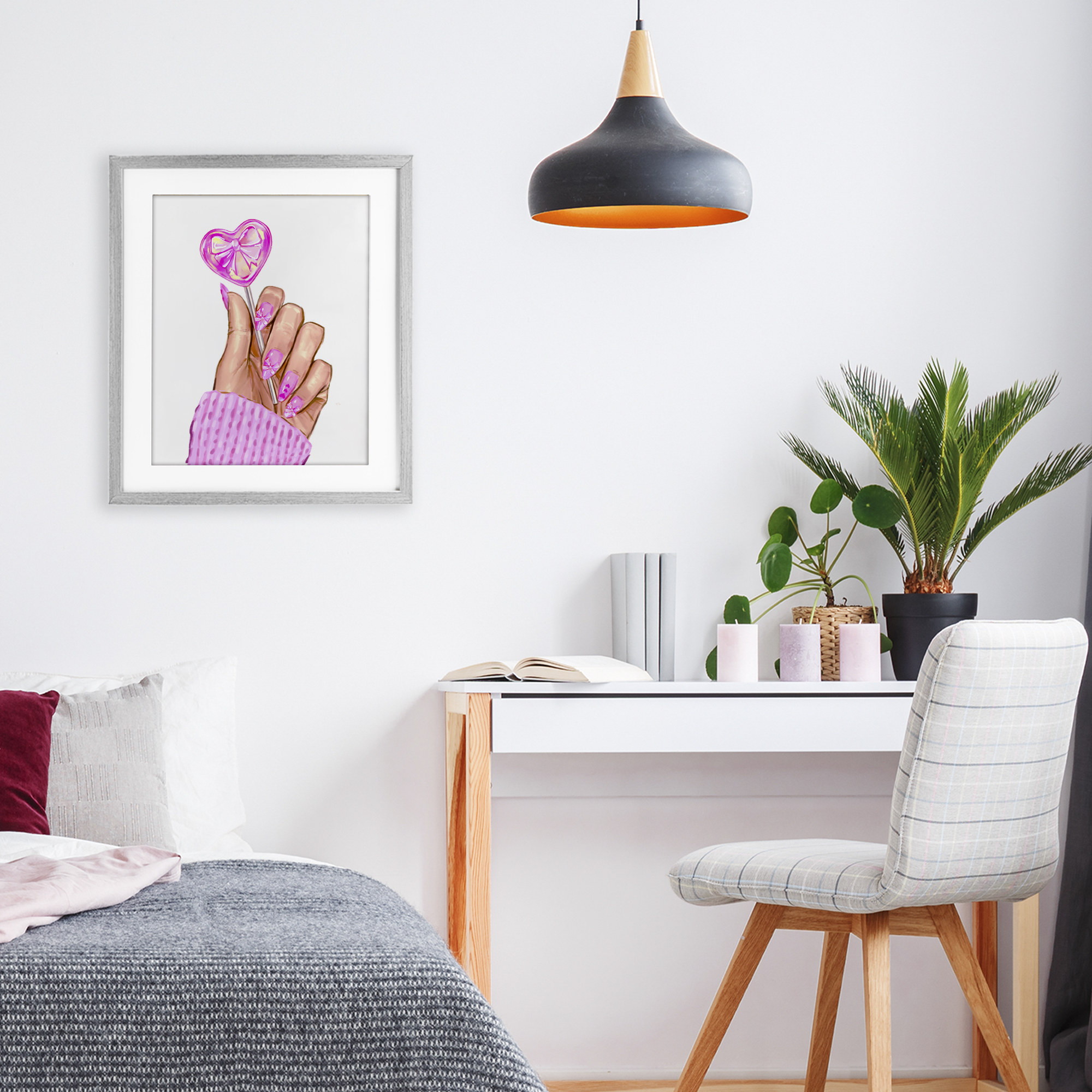 Pink Fashion Bow Lollipop Gray Framed Print Under Glass, design by Ziwei Li