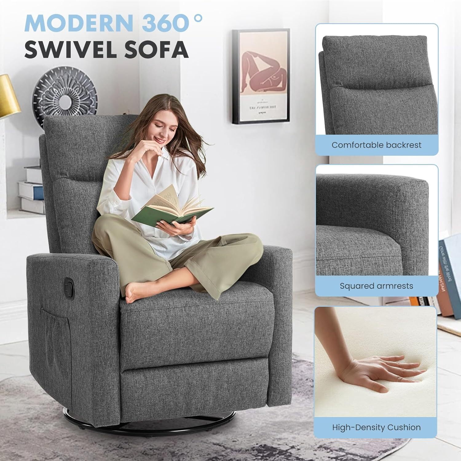 AENKYO Recliner Chair Swivel Rocking for Living Room, Glider Rocker with Extra Large Footrest - Gray