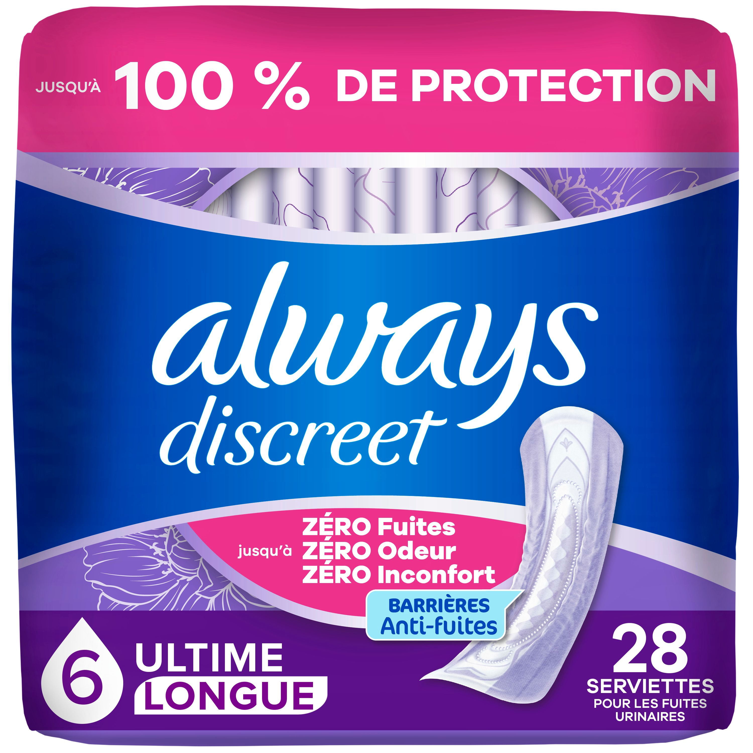 Serviettes d’incontinence Always Discreet pour femmes adultes, degré d’absorption suprême, longues, serviettes de post-partum, 28 serviettes