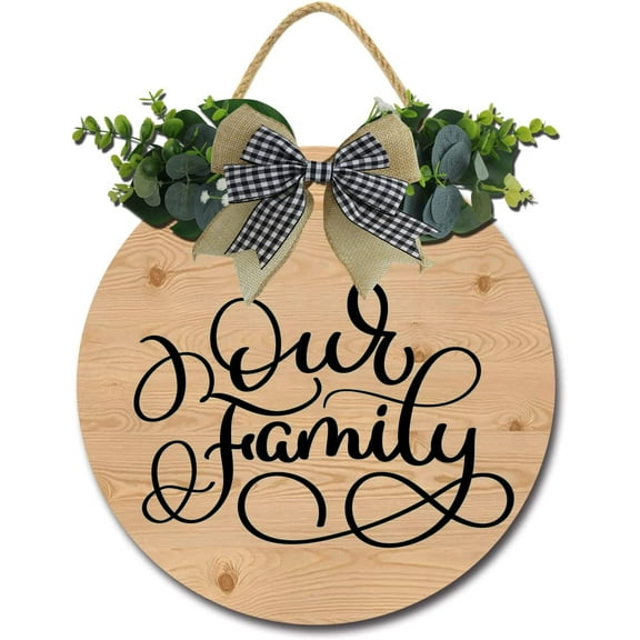 Eveokoki 12" Our Family Wreath Hanging Welcome Sign Front Door Signs Wooden Farmhouse Rustic Decor with Vivid Greenery Home Decor for Front Door Fall Winter Housewarming Gifts
