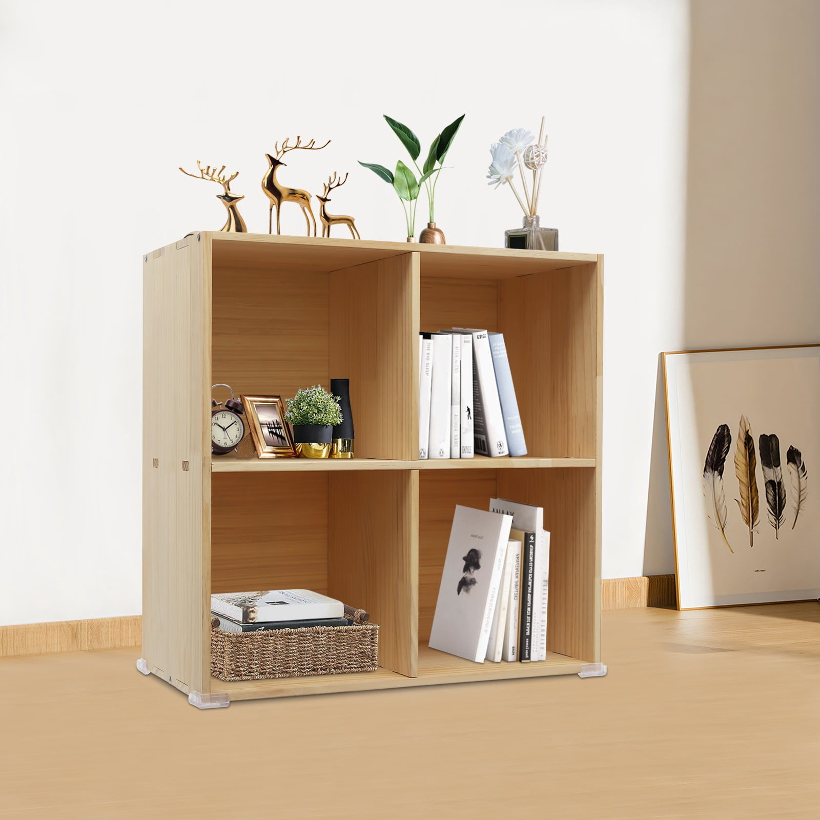 ToppiJoy Solid Wood Shelves, Solid Wood Cube Bookcase with Storage Shelves and Closed, Wooden Cube Shelf Bookcase (4 Compartments)