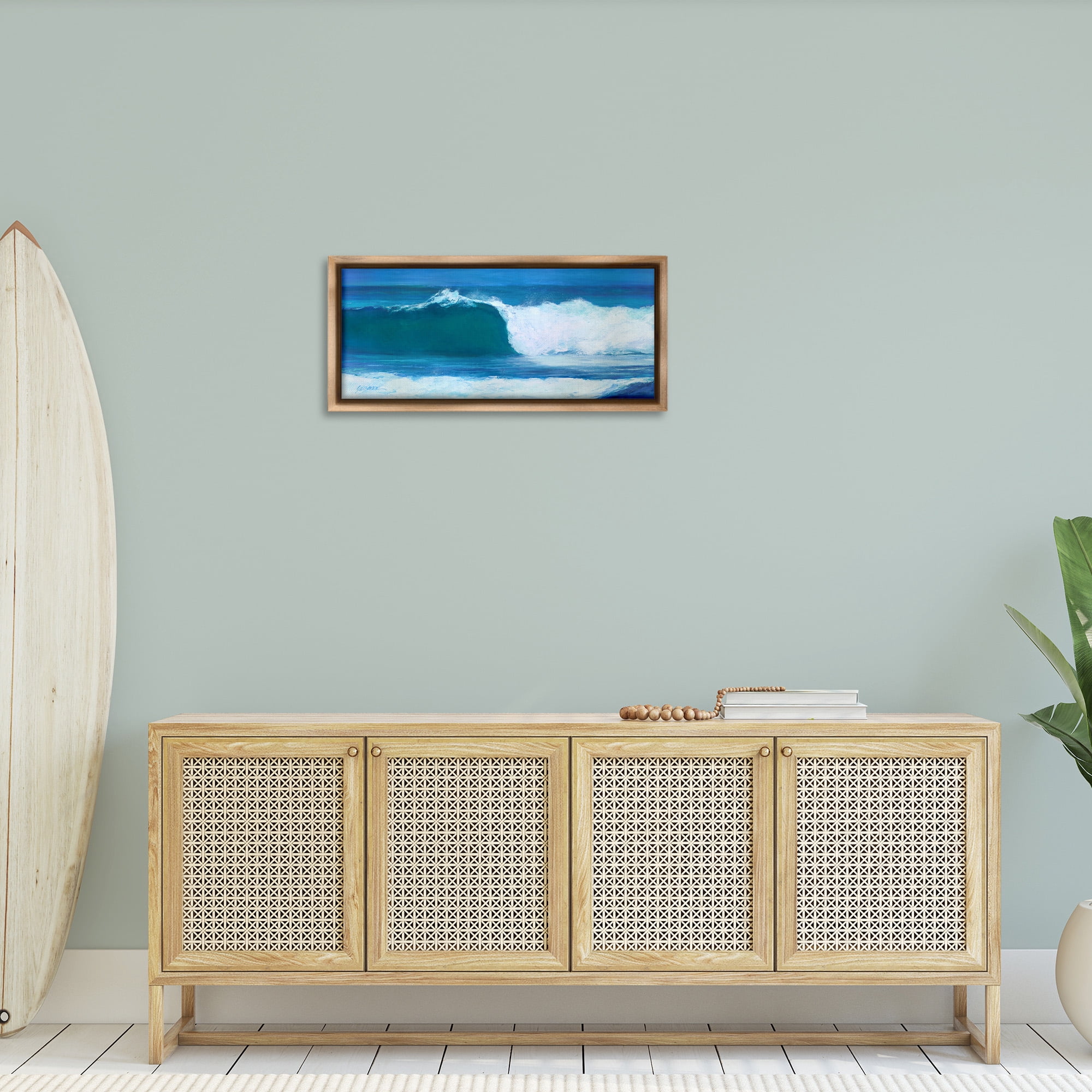 Stupell Industries Crested Beach Wave Nature Painting Brown Floater Framed Canvas Art Print Wall Art, 31 x 14