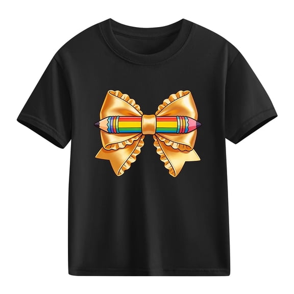 Juslio Girls Bow Shirts Breathable Crew Neck Casual, Short Sleeved Tops Comfortable T Shirts Sizes 2-18