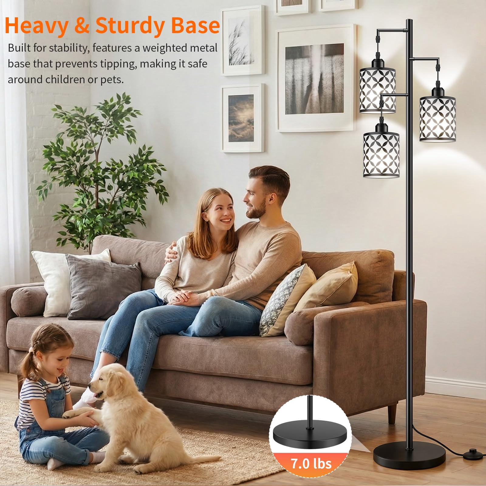 72" Dimmable Floor Lamp with Remote, 3 LED Bulbs Included, Industrial Tree Pole for Living Room