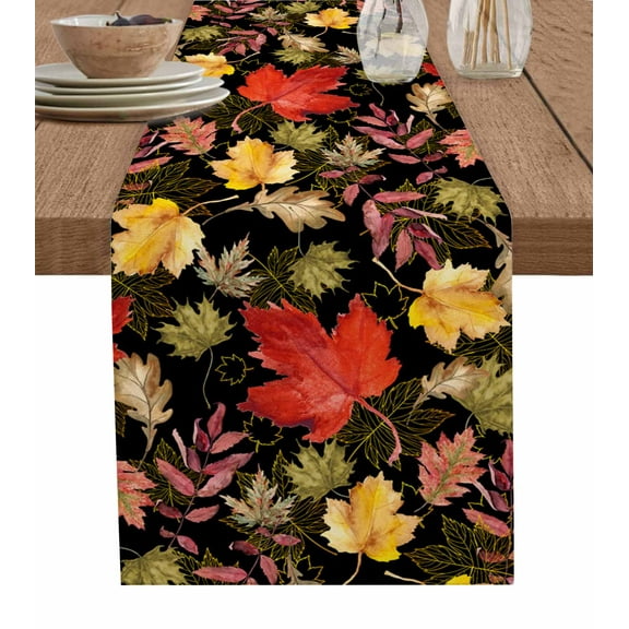 Fall Maple Leaf Burlap-Cotton Table Runner 60 Inches Long,Orange Brown Sage Green Botanical Leaves Black Farmhouse Table Runners,Outdoor Dining Tablecloths Decor for Baby Shower Party Wedding 13x60