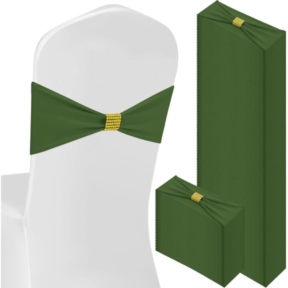 100 Pcs Spandex Chair Sashes Bows with Rhinestone Ring Buckle Slider Elastic Universal Bowknot Chair Cover Bands Ties for Wedding Banquet Ceremony Event Party Decoration(Olive Green)