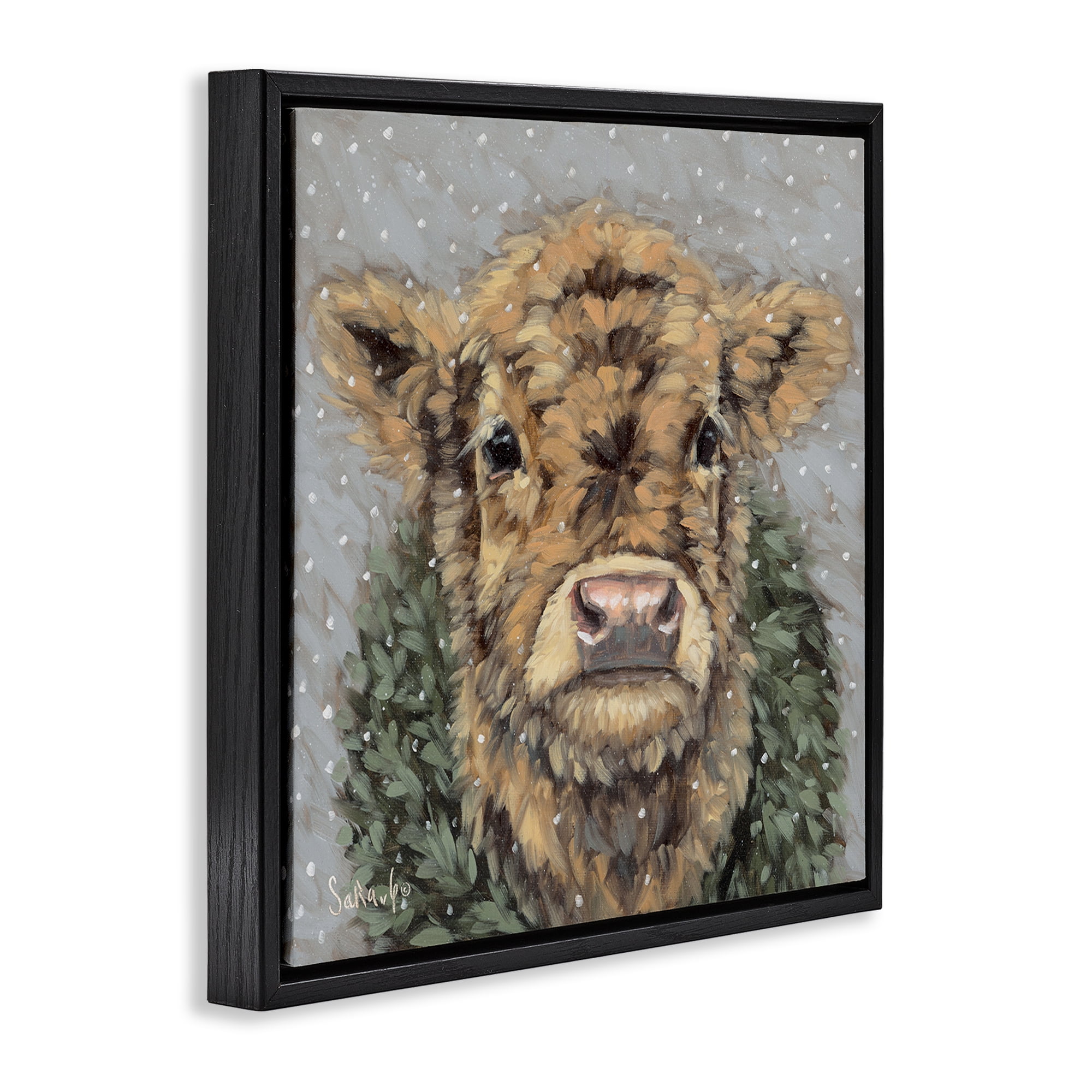 Stupell Industries Snowy Cattle & Wreath Animals & Insects Painting Black Floater Framed Canvas Art Print Wall Art, 25 x 25