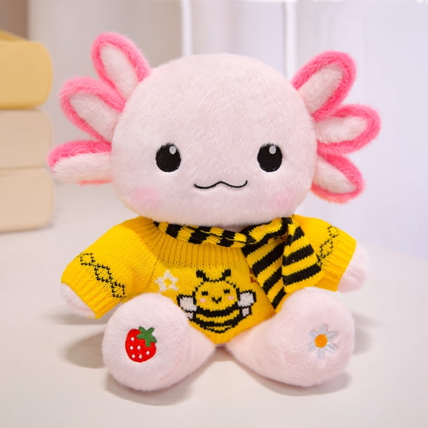 Peluche de ajolote,ajolote peluche 33 cm con ropa y 1 accesorio — set de 1 look (bolsita o bufanda), ajolote juguete suave y lavable, regalo para niñas y niños