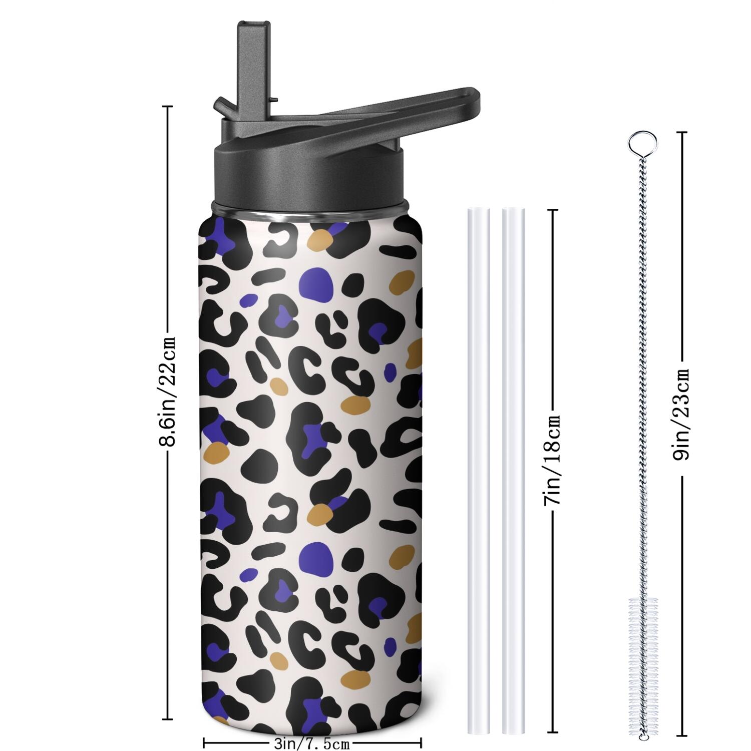 Leopard Print Insulated Stainless Steel Water Bottle with Straw & Cleaning Brush – 18 Oz | Leakproof, BPA-Free, 304 Stainless Steel, Wide Mouth, Travel Mug for Car, Gym, Office