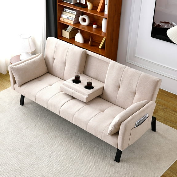 MAYEERTY 70" Linen Sofa Bed Foldable Sofa Couch with Cup Holder and Side Storage for Living Room, Bedroom and Apartment, Beige