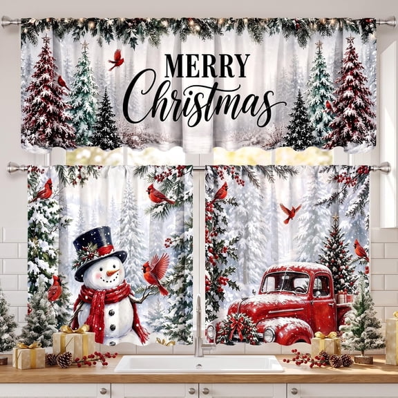 Christmas Kitchen Curtain Set, 3 Piece, Valance and 2 Tiers, for Window, Kitchen and Living Room