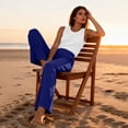 thumbnail image 5 of Summer Linen Palazzo Pants for Women Elastic Waist Flowy Wide Leg Beach Vacation Trousers Blue L, 5 of 7