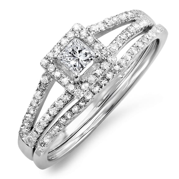 Dazzlingrock Collection 0.45 Carat (ctw) 14k Princess & Round Diamond Halo Engagement Ring Set, White Gold, Size 4