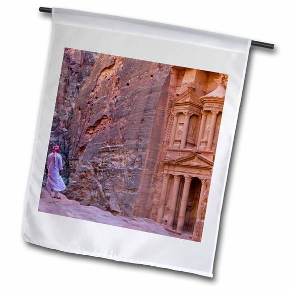 3dRose, Arab man, Facade of Treasury (Al Khazneh), Petra, Jordan - AS16 KSU0056 - Keren Su, 12 x 18 inch Garden Flag