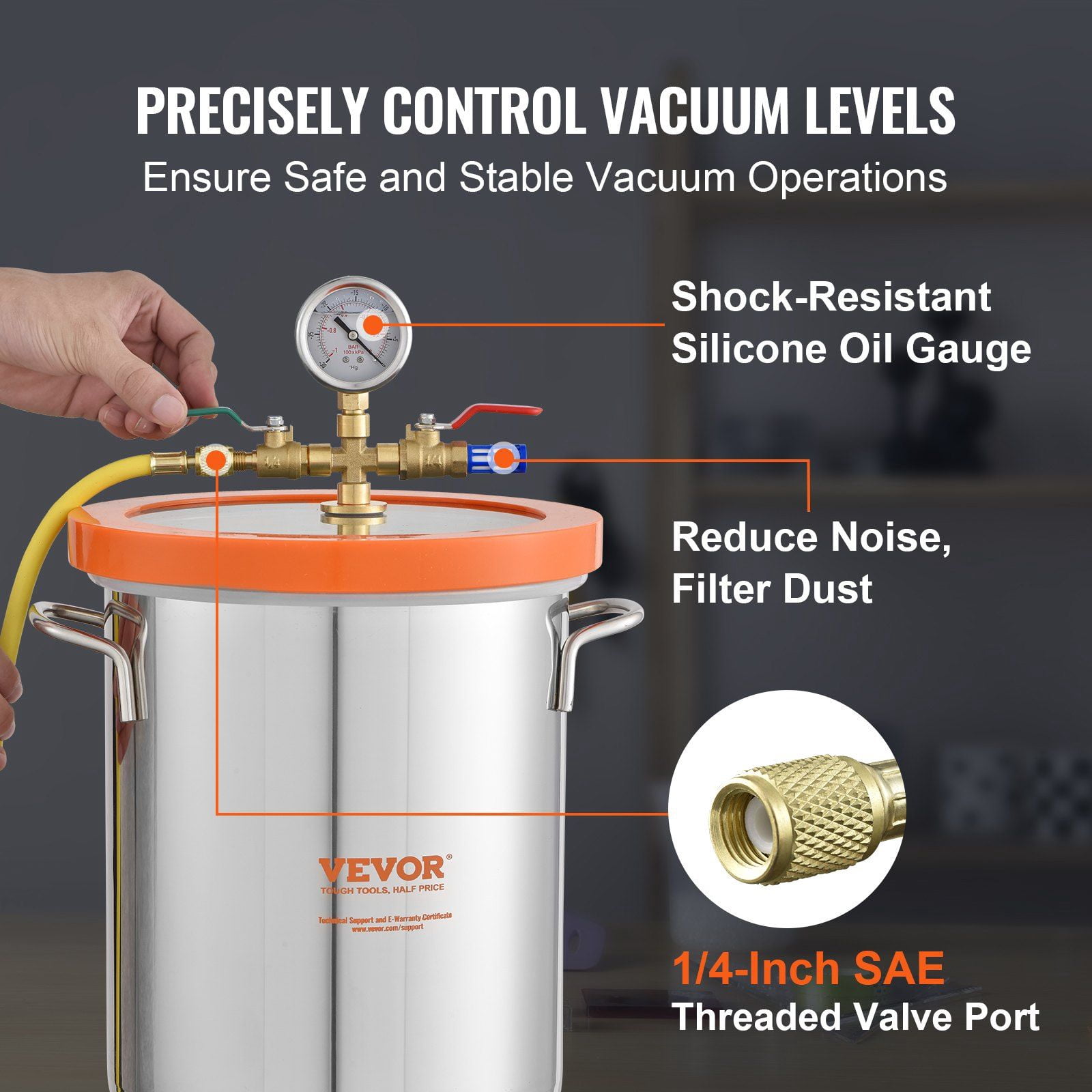 HCY 5 Gallon Vacuum Chamber, Upgraded Tempered Glass Lid Vacuum Degassing Chamber, 304 Stainless Steel Chamber, for Stabilizing Wood, Resin Degassing, Silicone Degassing and Plaster Degassing
