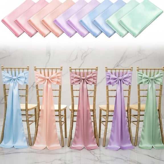Pastel Chair Sashes Bows Satins Soft Chair Ribbon Sashes Wedding Aisle Church Bows Decor for Wedding Banquet Party Garden Events Decoration