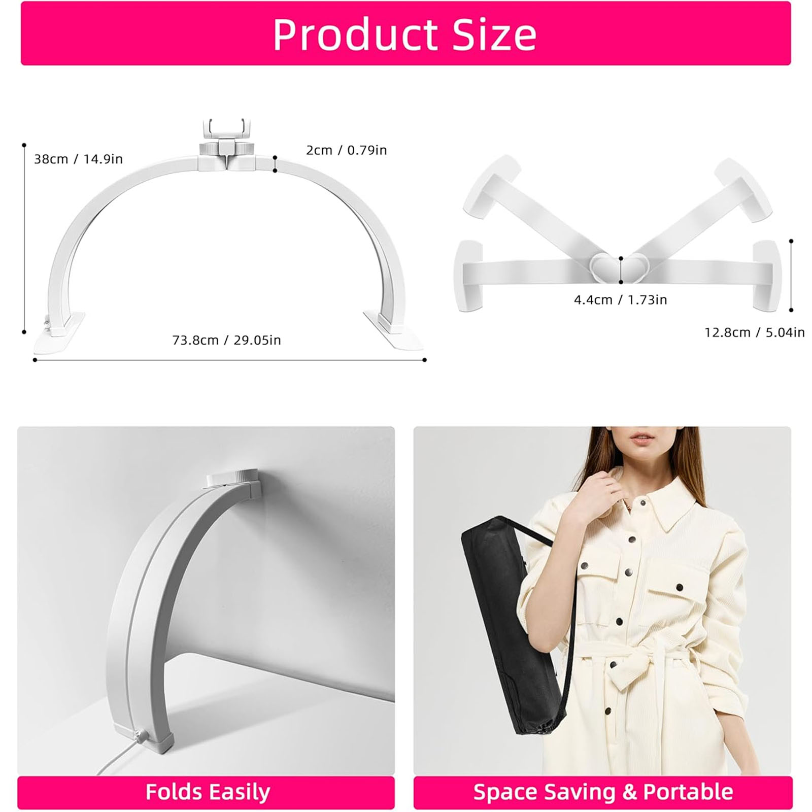 Half Moon Light for Nail Desk, Foldable Nail Lamp with Phone Holder,  Nail Desk Lamp, 3 Modes 10 Brightness, Portable Half Moon Lamp Arch Light for Lighting/Nail Art/Beauty/Eyelashes/Tattoos
