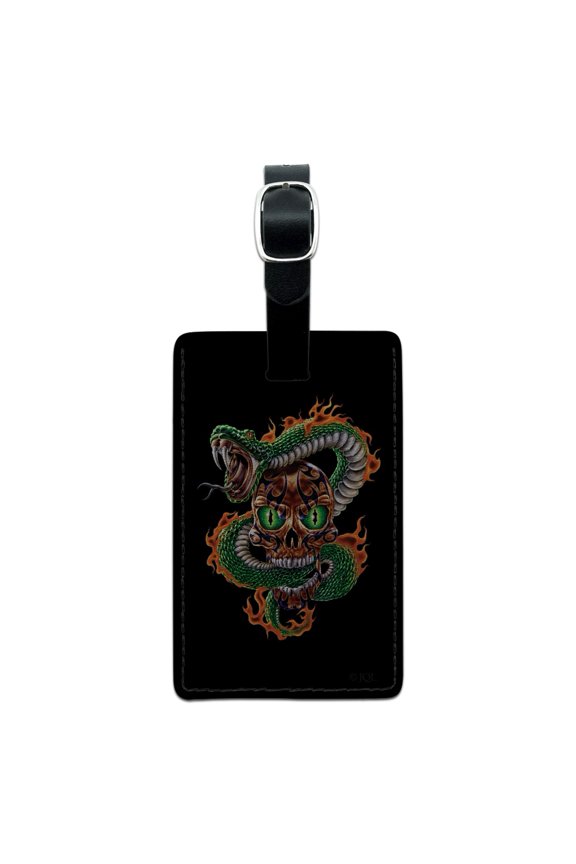 Fire Snake and Skull Biker Motorcycle Flames Racing Rectangle Leather Luggage Card Suitcase Carry-On ID Tag