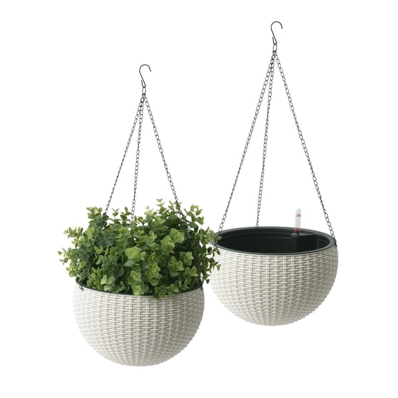 Algreen Modena Wicker Self-Watering Hanging Basket Planter, White, 2-Pack
