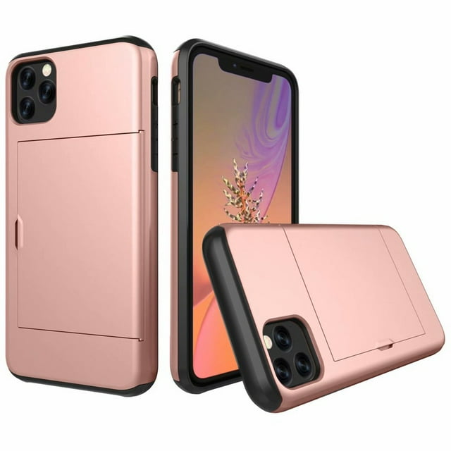 Étui iPhone11 Pro Hybride Robuste à Dos Rigide avec Fente pour Carte de Crédit d'Identité, Porte-Cartes Portefeuille pour Apple iPhone11 Pro - Or Rose
