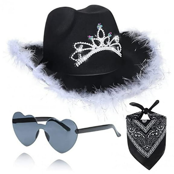 Hzzsbu Rhinestone Cowgirl Hat - Glitter Western Party Hat with Feather for Women, Princess Cowboy Party Hat