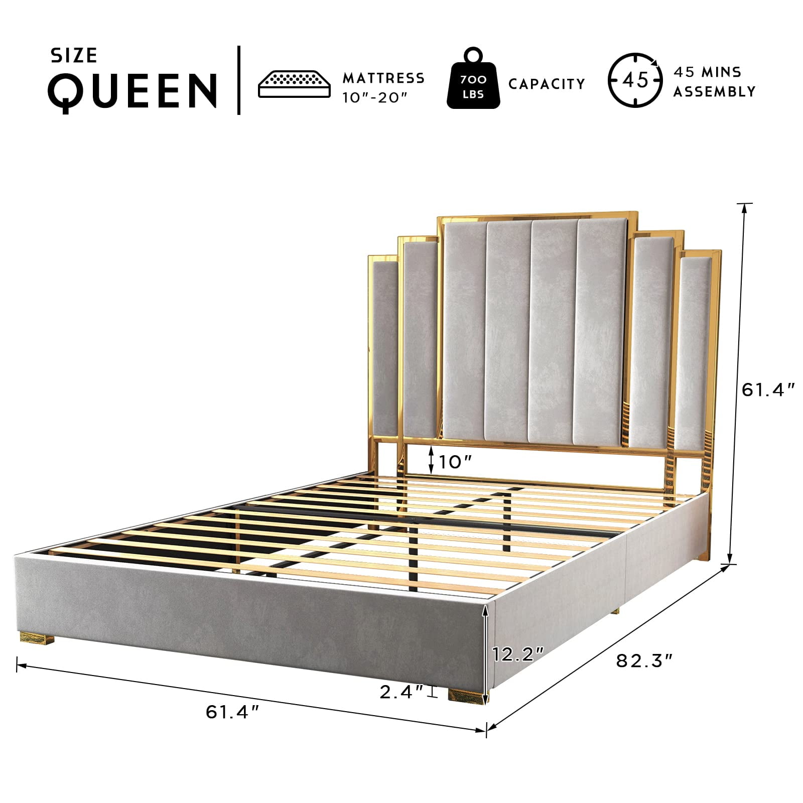 VanAcc Queen Size Bed Frame and 61" Headboard, Upholstered Bed with Golden Plating Trim, Light Grey