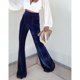 thumbnail image 2 of Pantalones de mujer de cintura alta, color puro, pierna ancha, informales, cómodos para el hogar y al aire libre, azul oscuro S, 2 of 6