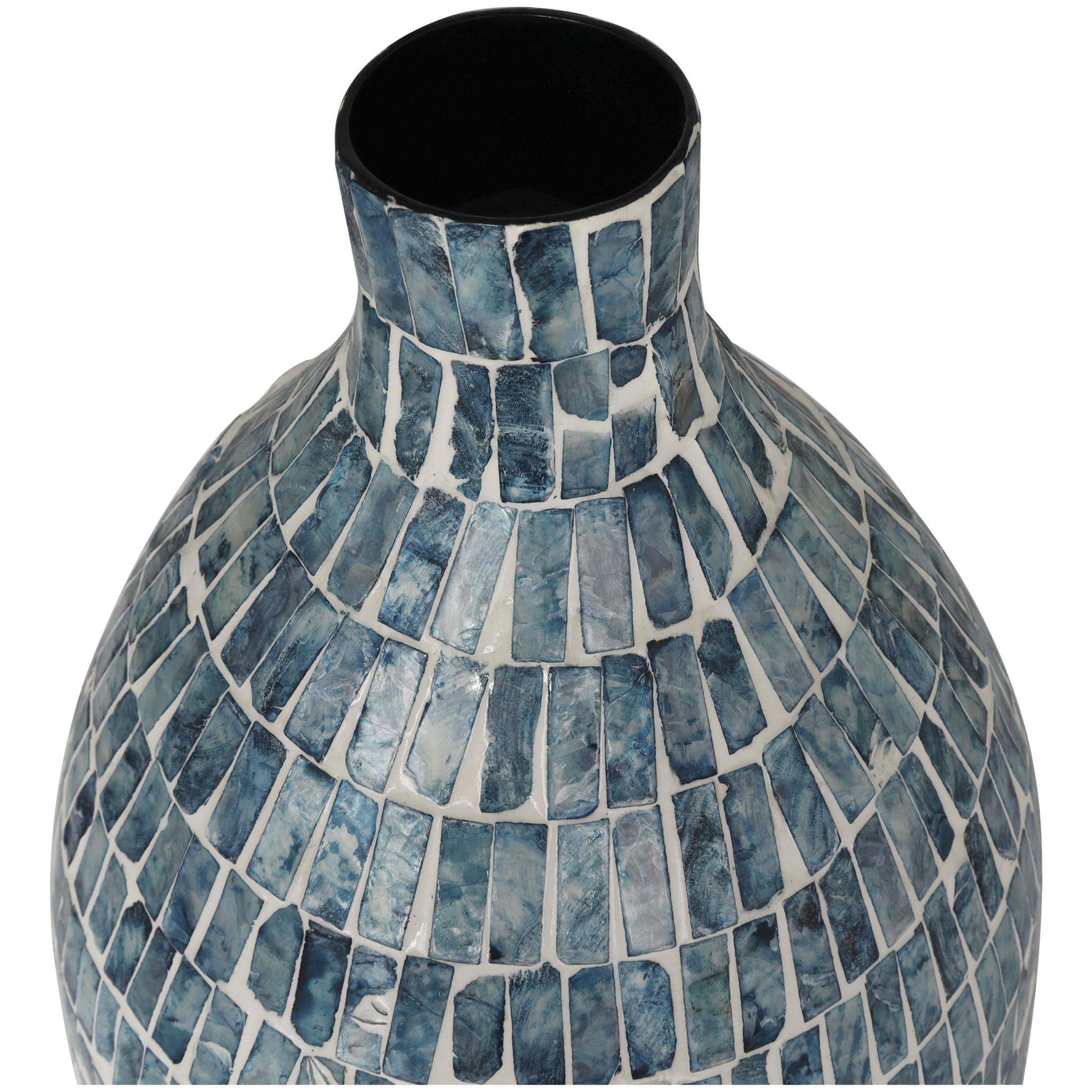 DecMode 22" Handmade Mosaic Inspired Blue Mother of Pearl Shell Vase