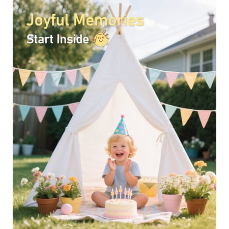 Teepee Tent for Kids Foldable Teepee Play Tent with Fairy Lights, Carry Case Water Resistance, Pretend Camp Fire, Four Poles Style Raw White Color - New Version Tiny House little dove