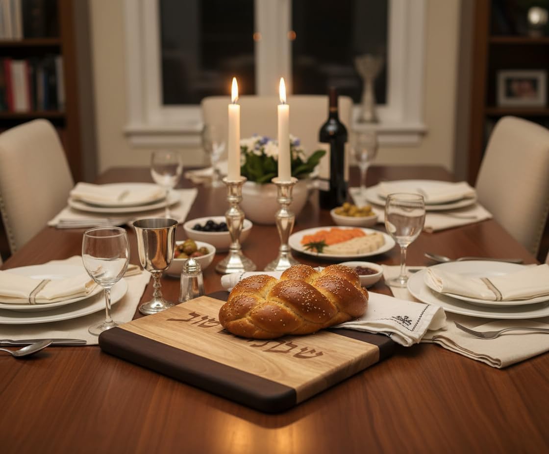 Two-Tone Hardwood Challah Board with Hebrew Engraving “Shabbat V’Yom Tov” – 11" x 14" Judaica Serving Board for Shabbat & Jewish Holidays