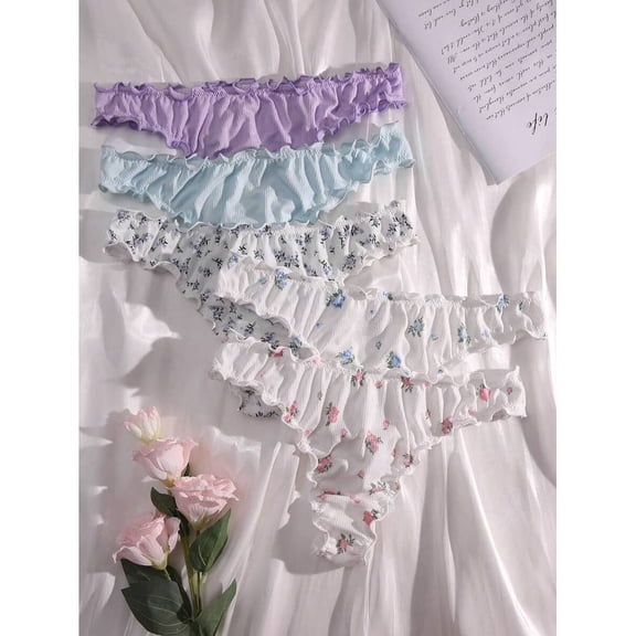 5-Pack Womens Floral & Solid Ruffled Briefs Multicolor