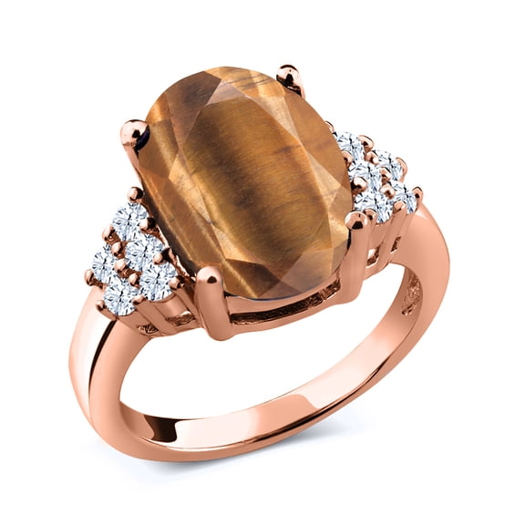 Gem Stone King 4.30 Ct Oval Brown Tiger Eye 18K Rose Gold Plated Silver Ring (Size 7)
