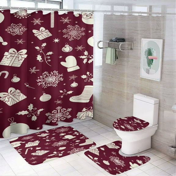 Merry Christmas Shower Curtain Set Modern Bathroom Decor Mats 4pcs Fabric Bathroom Curtain Slip Floor Rug Toilet Lid