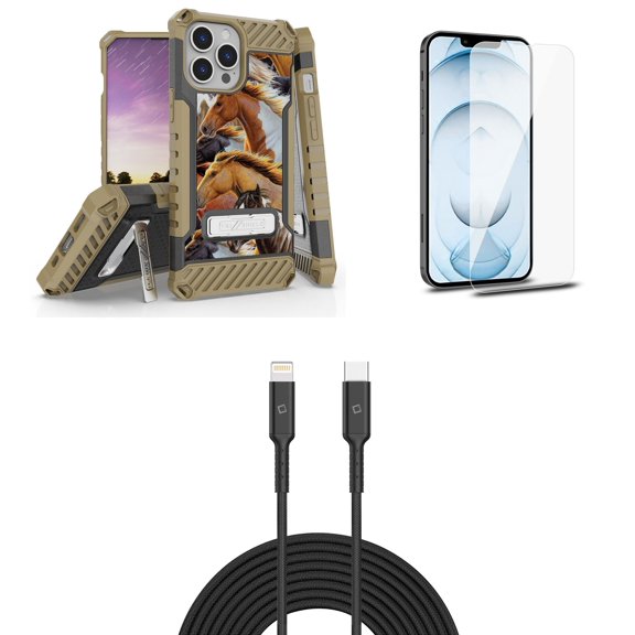 Bemz iPhone 13 Pro Bundle: Tri Shield Shockproof Armor Rugged Case (Wild Horses), Premium Glass Screen Protectors (2-Pack), USB-C to Lightning Cable (3.3ft/1m)
