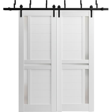 Sliding Closet Barn Bypass Doors 48 x 80 inches | Veregio 7288 White Silk with Frosted Glass | Sturdy 6.6ft Rails Hardware Set | Wood Solid Bedroom Wardrobe Doors
