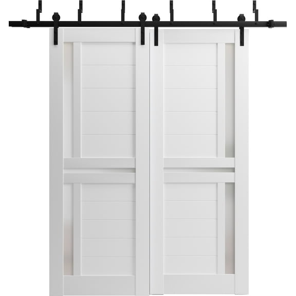 Sliding Closet Double Bi-fold Doors | Quadro 4445 Nebraska Grey with Frosted Glass | Sturdy Tracks Moldings Trims Hardware Set | Wood Solid Bedroom Wardrobe Doors