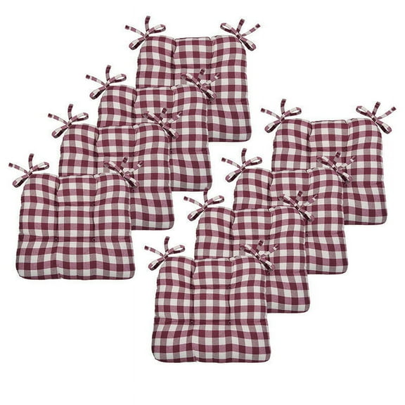 8 Pack Country Farmhouse Plush Buffalo Plaid Checkered Chair Cushion Pads With Tear Proof Ties - Burgundy/Beige