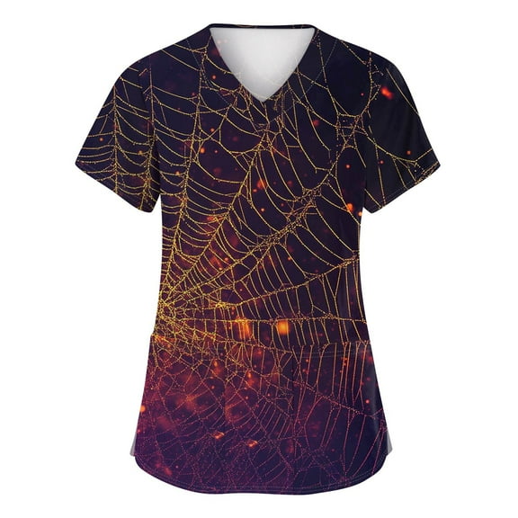 MLQIDK Plus Size Scrubs for Women Stretch Funny Nurse Uniform Shirts Short Sleeve V-Neck Scrub Shirts Fun Pumpkin Ghost Bat Printed Nurse Uniforms Dark Purple 4XL