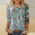 thumbnail image 2 of PMVFHDE Womens Tops Quarter Sleeve Crewneck Loose Fit Sequin Casual Print T-Shirt, 2 of 5