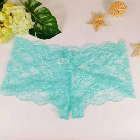 New Sexy Women Underwear Floral Lace Lingerie Plus Size Underwear High Waist Open Crotch Bowknot Boyshort PantiesSky BlueXXXL
