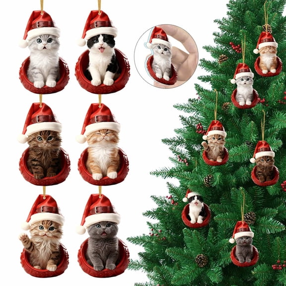 Apeya 2D Acrylic Christmas Cat Ornaments Cute Santa Hat Pendant Decor Christmas Tree Ornaments Clear Hanging Decorations For Home Holiday Festive