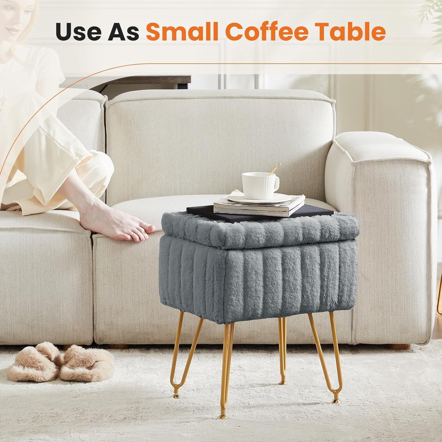 Simenmax Vanity Stool Chair with Storage, Ottoman Faux Fur Soft Padded Makeup Footstools Seat with 4 Metal Legs Anti-Slip Adjustable Feet Modern Cute Small Footrest for Home Entryway Bedroom,Gray