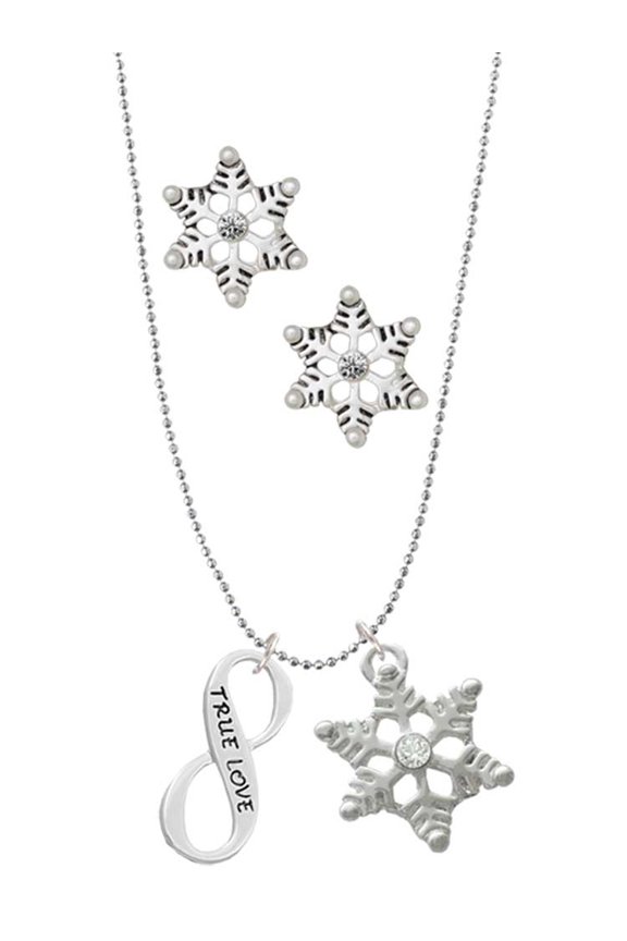 True Love Infinity Sign Silver tone Snowflake Charm Necklace and Stud Earrings