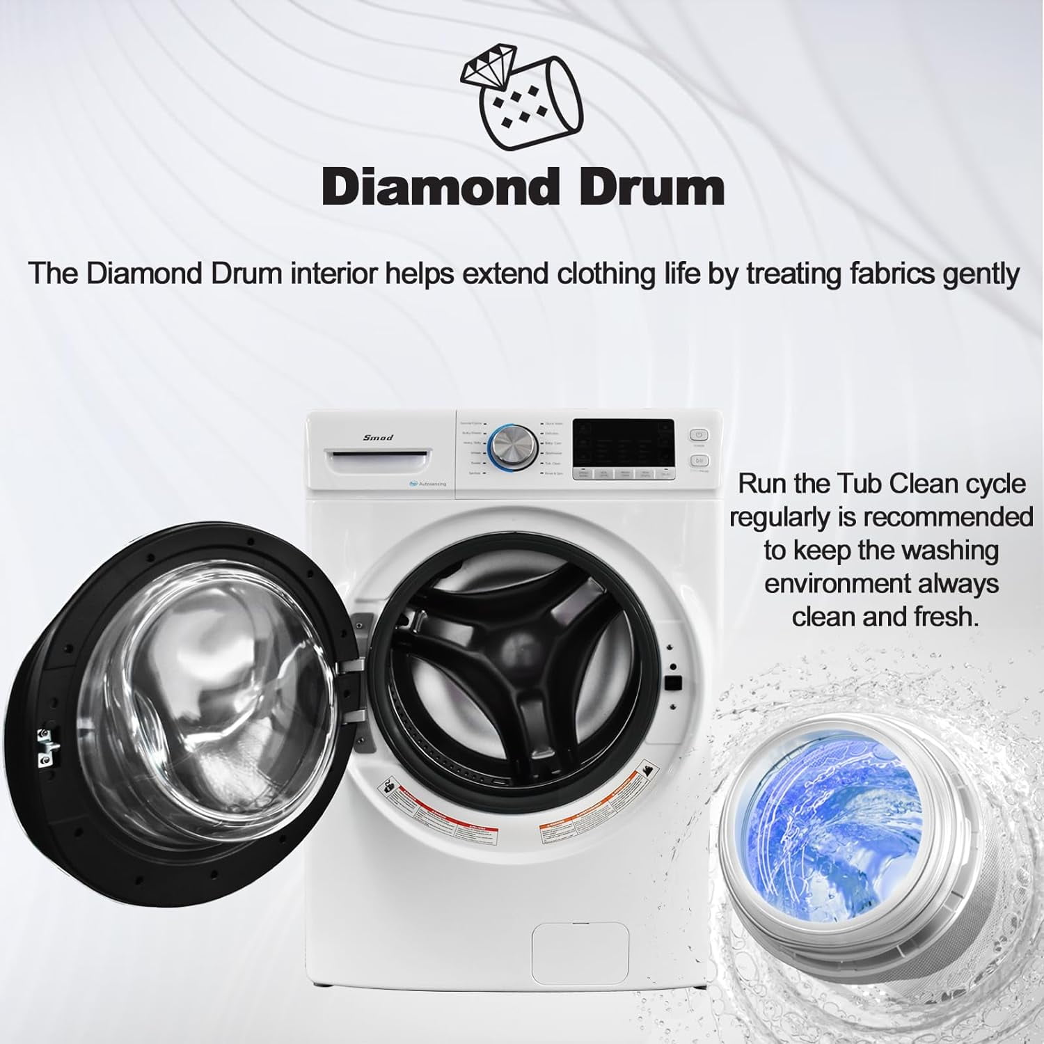 Smad 27 in 4.5 Cu ft Front Load Quick Electric Washing Machine Inverter Motor Steam Water Plus Functions