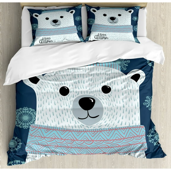 Polar Bear Duvet Cover Set King Size, Christmas Portrait of A Bear in Winter Snowflakes Noel Kids Cartoon, Decorative 3 Piece Bedding Set with 2 Pillow Shams, Dark Blue Multicolor, by Ambesonne