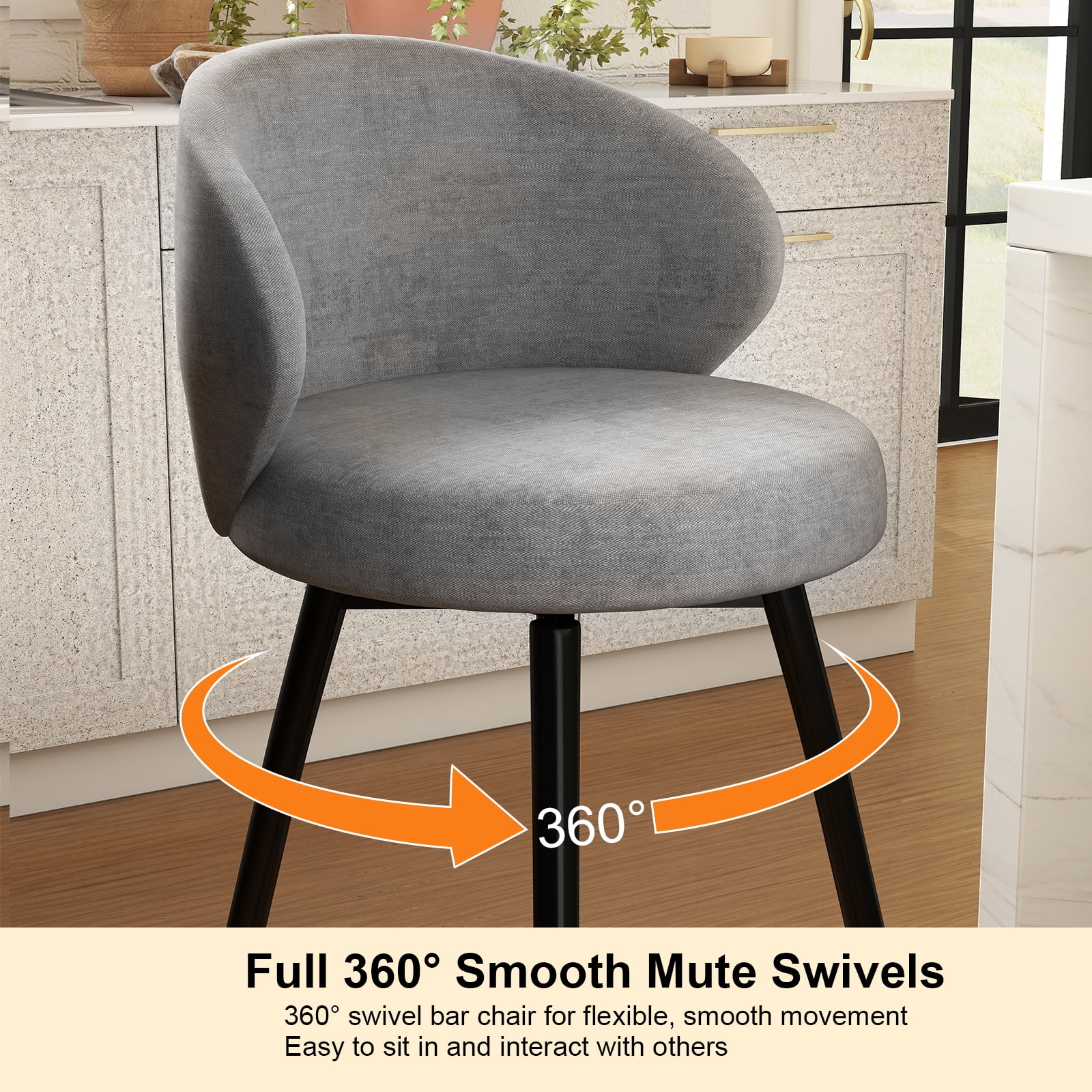 Rongbuk 360° Swivel Modern Bar Stool Set of 2, 26" Upholstered Counter Height Bar Stools with Wingback, Soft Linen Fabric, Counter Chairs with Arm for Kitchen Island or Home Bar, Grey