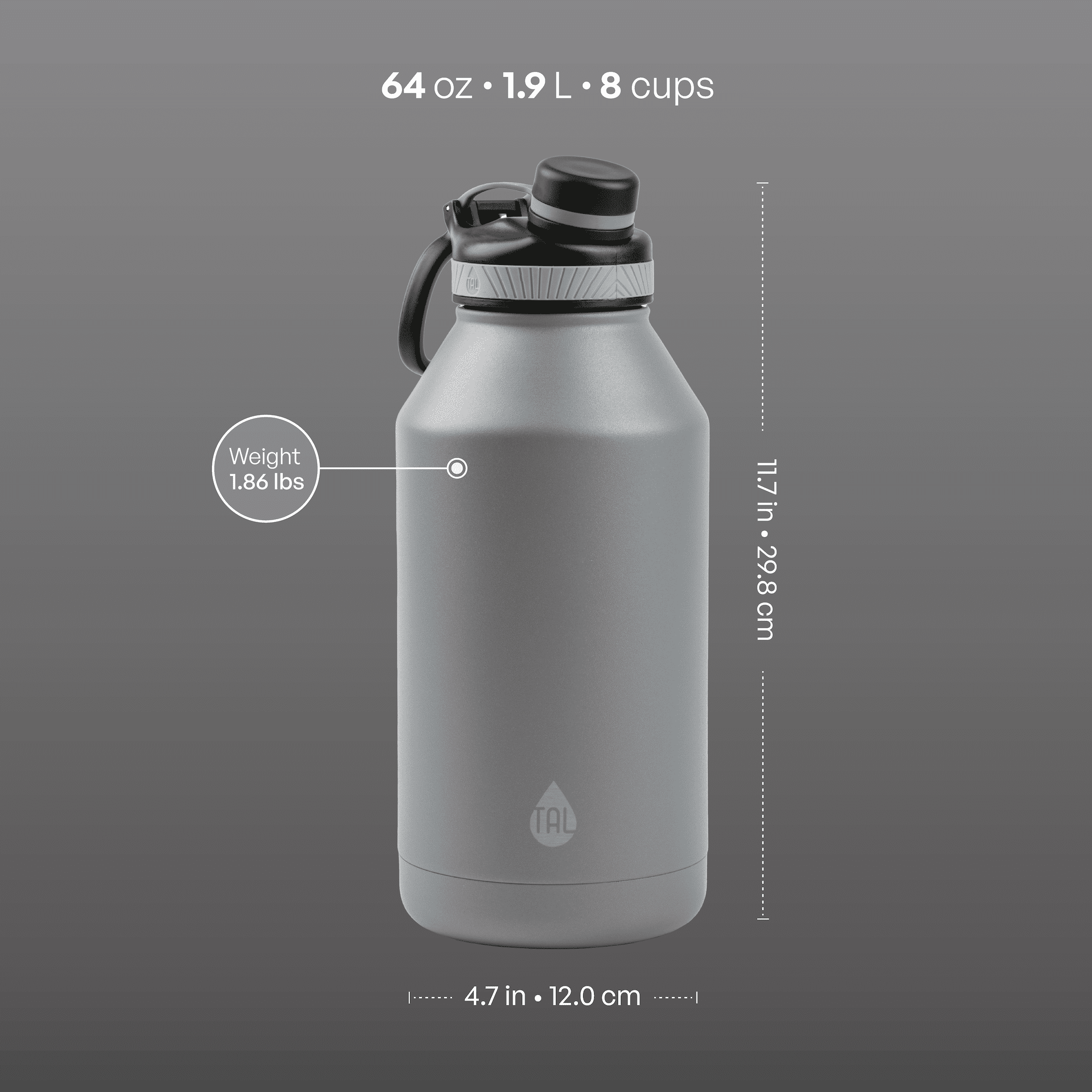 TAL Stainless Steel Ranger Water Bottle 64oz, Gray