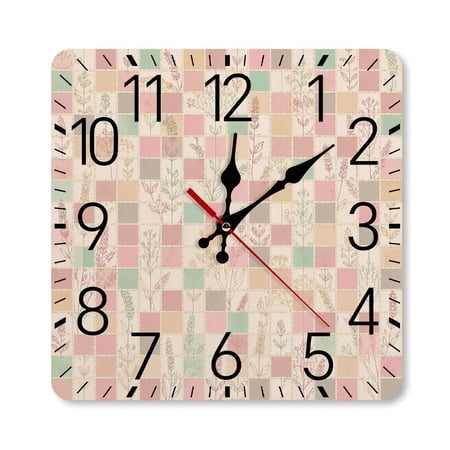 RKSupls 10×10inch Square Silent Wall Clock Wooden Frame, Patchwork Floral Grid Scale Decorative Clock for Home Bedroom Living Room Office