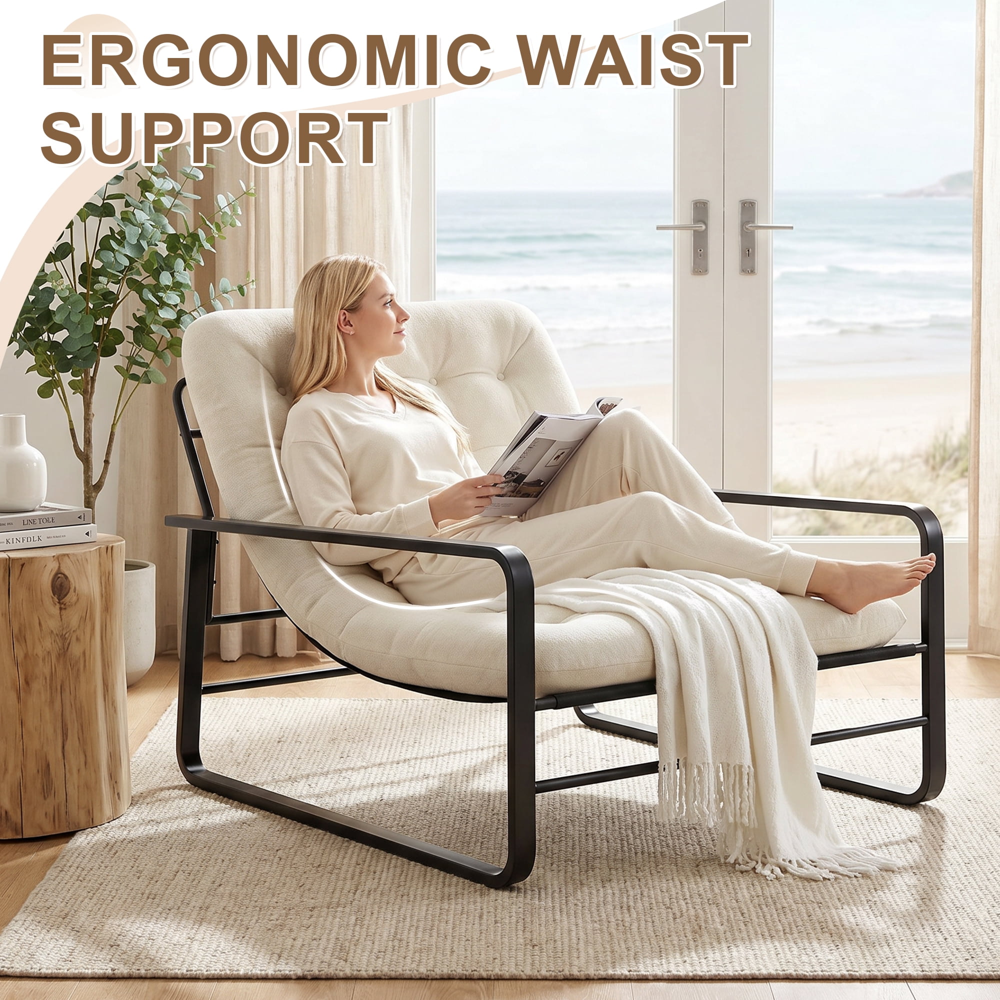 MAYEERTY 41.7" Beige Boucle Metal Frame Accent Chair, 350LBS High Density Sponge Lounge Chair for Living Bedroom Balcony